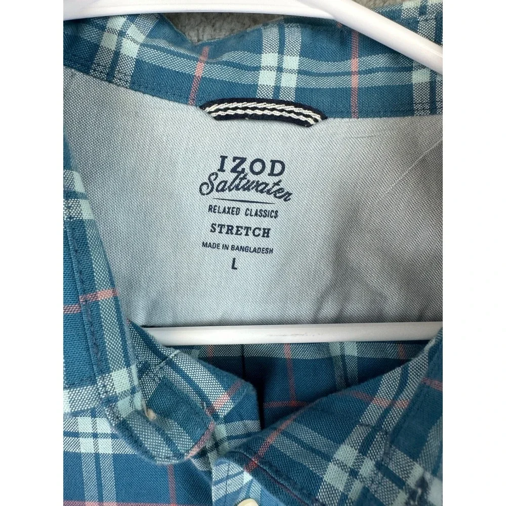 Izod Saltwater Shirt Men's Large Plaid Newport Oxford Stretch Relaxed Stretch